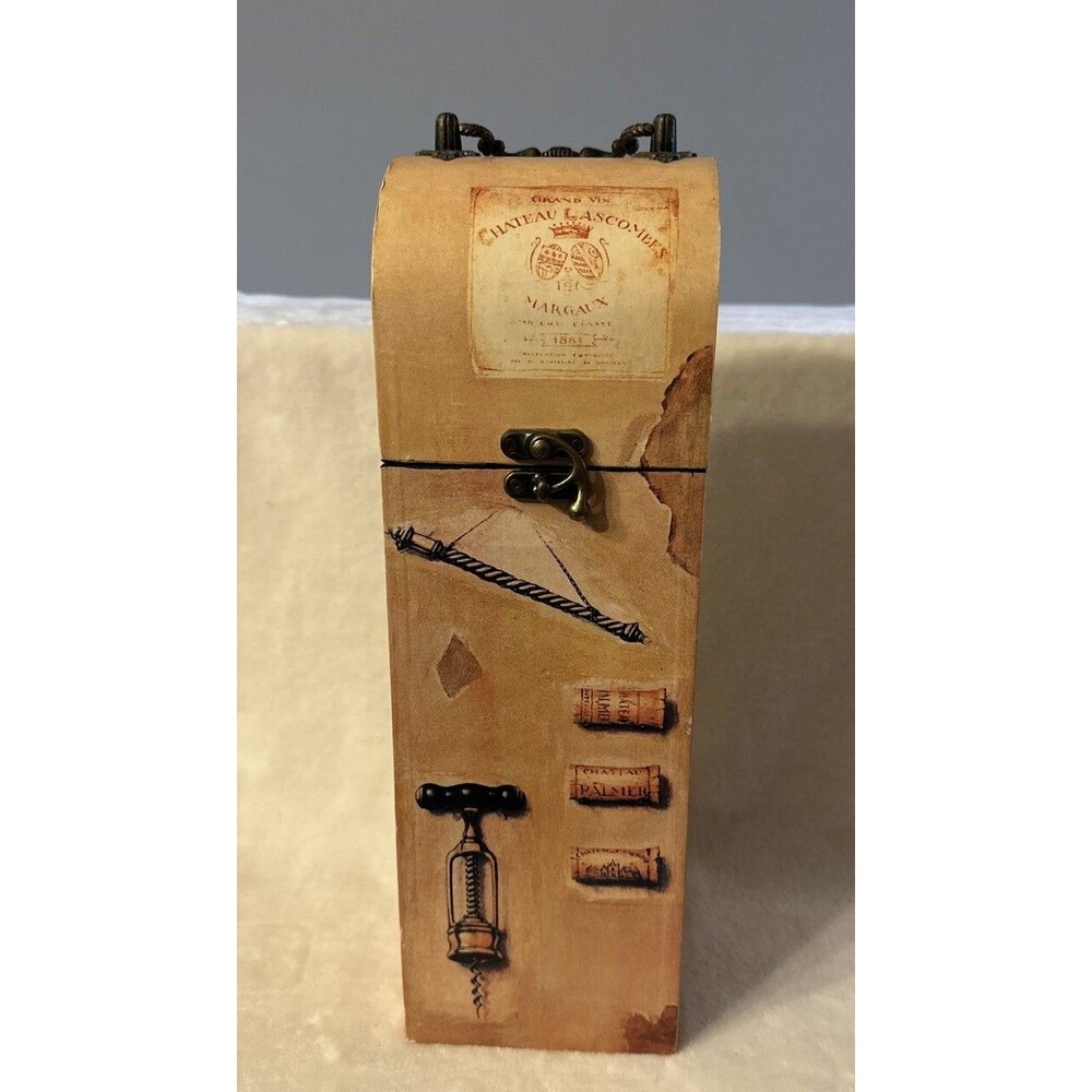 Bombay Wooden Wine Box Bottle Carrier w/ Brass Handle & Latch Felt Lining